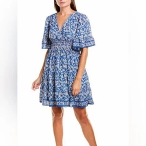 Max Studio Kleid blau weiß Gr. XS V-Ausschnitt gesmokt Taille Schlagärmel geblümt - Bild 1 von 15