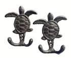 Two Sea Turtle Cast Iron Double Wall Hooks 4.5" Rustic Brown Ocean Sea Creature