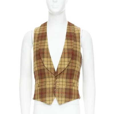 DRIES VAN NOTEN brown red plaid 100% wool shawl collar waistcoat IT48 M - Image 1 of 4