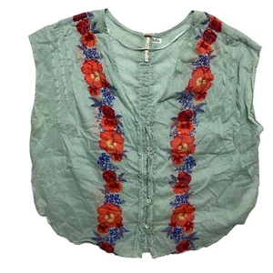 Free People Gauze Top Women's SP Green Sleeveless Ruffle Boho Button Front - Picture 1 of 11