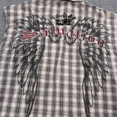 MMA Elite рубашка мужчин XL коричневый белый клетку татуировки гранж карманы Western y2k металл - Изображение 1 из 4