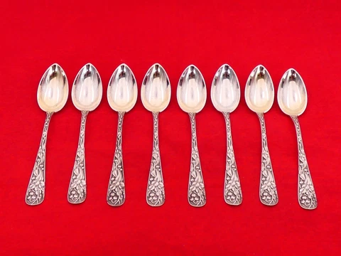 Set of 8 Antique Duhme Sterling Silver Repousse Demitasse Spoons LW-15 Cover