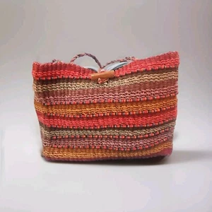 Vintage Bag Sisal Woven Jute 1970s Boho Beaded Colorful Purse Shoulder Bag - Picture 1 of 11