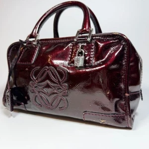 LOEWE Amazona 28 Mini Boston Handbag Enamel Anagram Patent Leather Auth Vintage - Picture 1 of 12