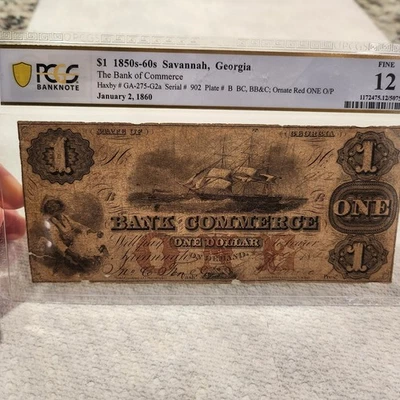1860 Bank of Commerce Savannah Georgia GA $1 Obsolete Note GA275-G2a  F12 pcgs - Image 1 of 4