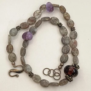 Vintage 925 Sterling Verschluss Labradorit Amethyst Granat Perlen Halsreif Halskette - Bild 1 von 8