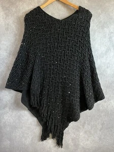 NEU C-Mode Cape Strick Poncho Pullover Damen schwarz einfarbig Pailletten Fransen Neu mit Etikett - Bild 1 von 5