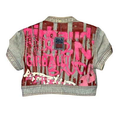 MARITHE FRANCOIS GIRBAUD Y2K Denim Crop Reversible Graffiti Print Jacket Sz XS S - image 1 of 4