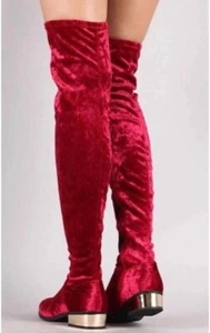 Red Velvet Thigh High Boots w/Gold Heel Size 10, Heel 1.5" - Picture 1 of 3