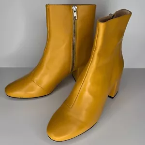 Intentionally Mustard Yellow Block Heel Leather Zip-Up Mod Boots Booties Size 10 - Picture 1 of 11