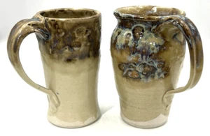 2 Handmade Studio Art Pottery Drip Glaze Textured Stoneware Mugs Artist Signed - Picture 1 of 14