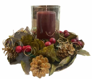 Christmas Glass Pillar Candle Centerpiece Arrangement Gold Pine Cones Berries - Picture 1 of 9