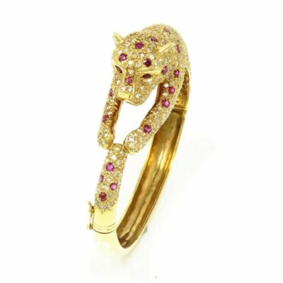 7Ct Lab Created Ruby Diamond Leopard Panther Bangle Bracelet Yellow Gold Finish - Image 1 of 4