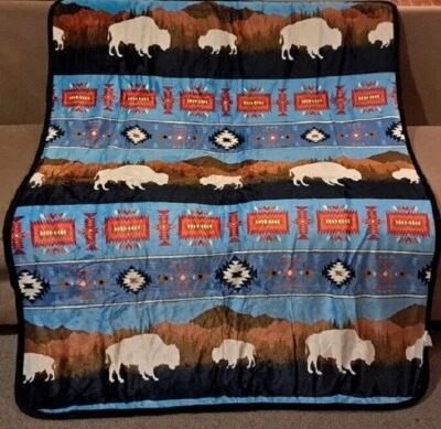 NU TRENDZ New Turquoise Rustic Bison Buffalo Sherpa Plush Throw Gift Blanket Blue Aztec