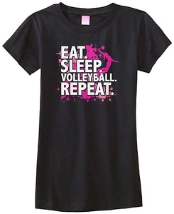 Threadrock Girls Eat Sleep Volleyball Fitted T-shirt Sport Slogan Spike - Picture 1 of 8