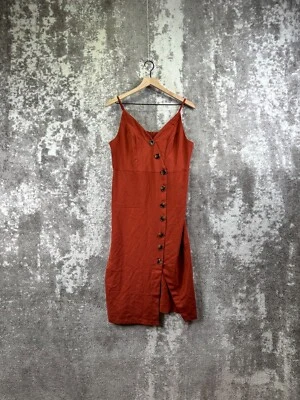 New Mint Limit Dress Large Womens Asymmetrical Button Orange Smocked Back Satin - Image 1 of 4