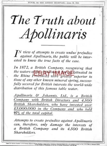 WW1 Advert "The Truth About APOLLINARIS Spring Waters" Wartime Print Ad 733/16 - Foto 1 di 1