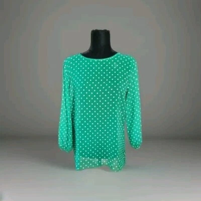 New York & Company Sweet Pea Sheer Kelly Green Blouse Polka Dot Back Bow Sz S - Image 1 of 4