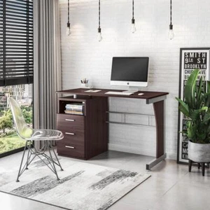 TECHNI MOBILI Computer Desk 48" Modern Composite in Chocolate W/ Drawers + Shelf - Picture 1 of 9