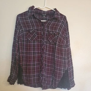 TORRID 1 Plus Size Plaid Lace Inset Camp Shirt Black Purple Gray Button Up LRG - Picture 1 of 7