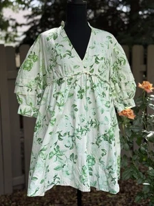 Maeve Anthropologie Dress Womens XS Green Foral Motif Mini Puff Sleeve Tunic - Picture 1 of 8