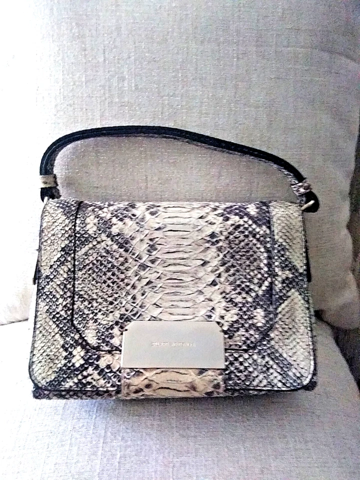 STUART WEITZMAN PIEL DE SERPIENTE PLATEADA, HECHO EN ESPAÑA, BOLSO DE MANO CON CORREA DESMONTABLE Foto 1 de 4