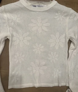 ZARA Pointelle Textured Open Knit Crewneck Cropped Sweater Ivory/Cream Small S - Picture 1 of 10