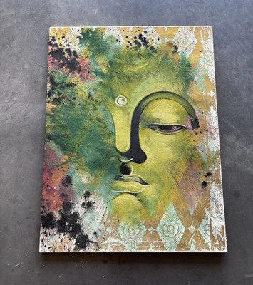 Pintura en lienzo acrílico Buda 34x26 Bali Thai Energy hecha a mano arte de pared único en su clase Foto 1 de 4