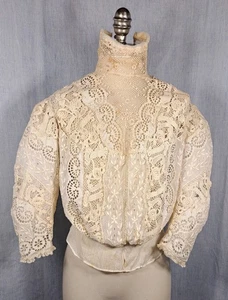 EDWARDIAN LINEN BLOUSE WITH IRISH CROCHET, EMBROIDERY - Picture 1 of 5