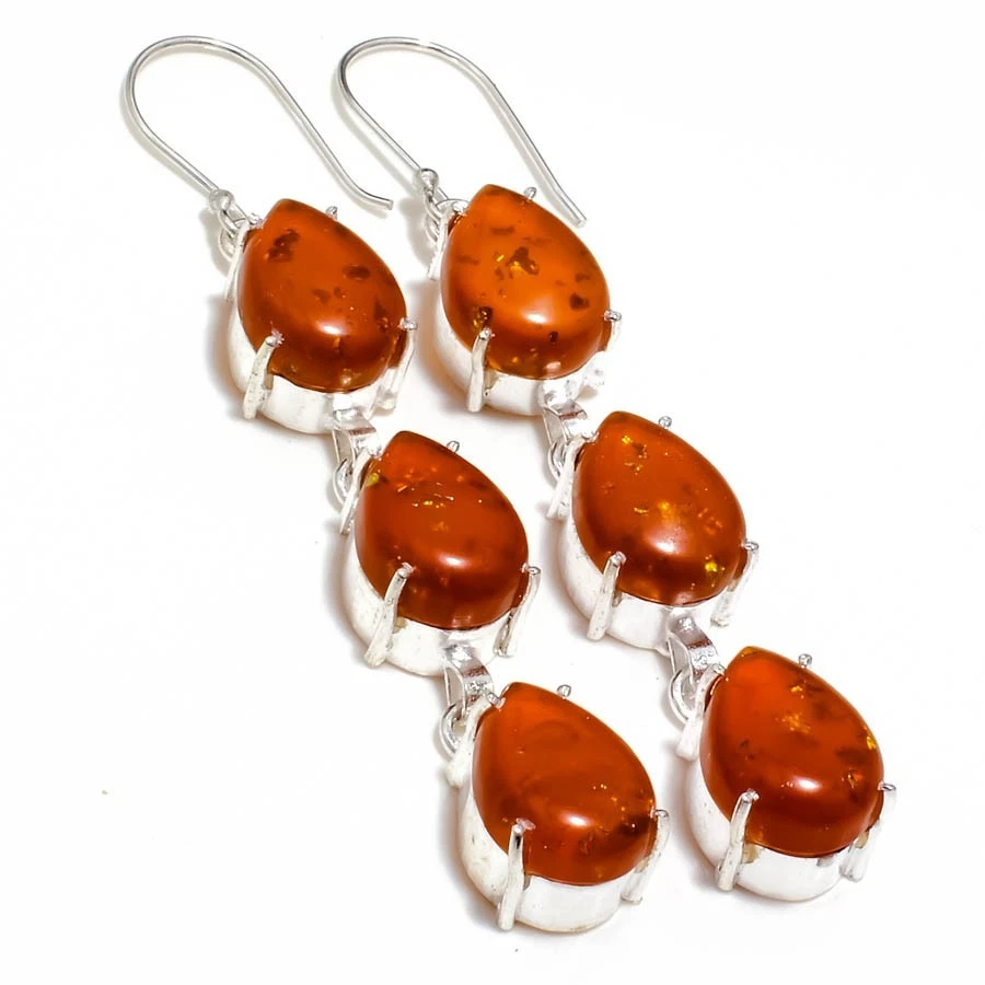 波罗的海琥珀宝石手工 925 纯银珠宝耳环 尺寸 3 — 第 1/1 张图片