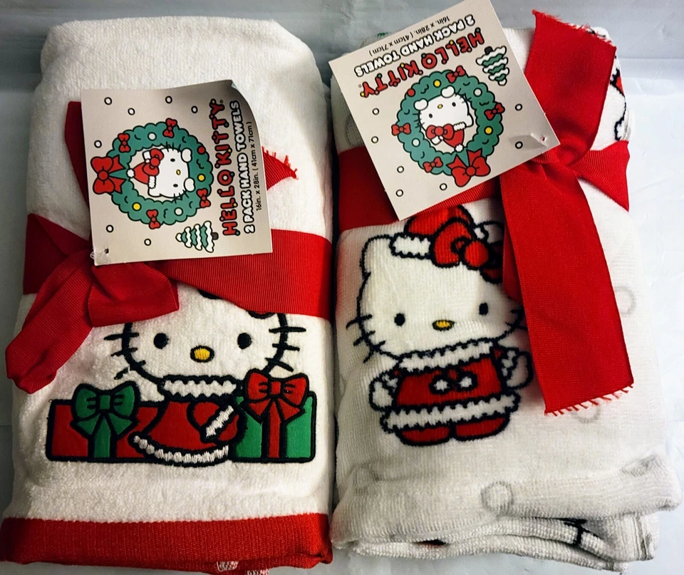 Sanrio Hello Kitty 2-Pack Hand Towels 100 Cotton. 16in X 28in. Christmas Theme