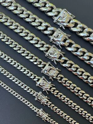 Real Solid Stainless Steel Miami Cuban Link Chain Necklace Or Bracelet Box Clasp - Image 1 of 4