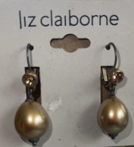 Liz Claiborne Faux Teardrop Golden Pearl & Crystal Lever Back Earrings Goldtone - Picture 1 of 6