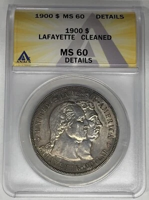1900 Lafayette Silver $1 Dollar Commemorative ANACS MS 60 Details Cleaned  - Image 1 of 2