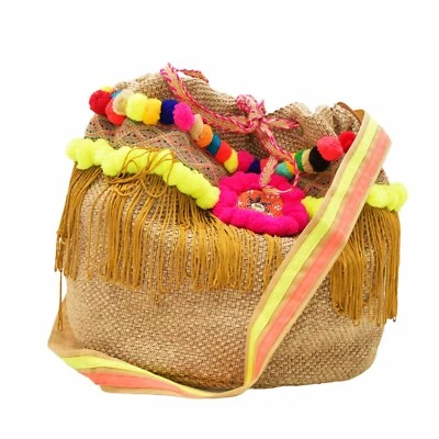 Bolso Bandolera de Hombro Ruby Yaya Yute y Algodón Flecos Pom Pom Bolsa Verano Foto 1 de 4