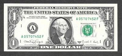 1988A $1 Web Note FRN, fr. 1917, A05707452F Run 1-AF Block 5-6 UNC - Image 1 of 2