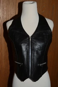 Black Leather Motorcycle Halter Top Front Zip Stretch Sides Just Us Brand Size M - Picture 1 of 6