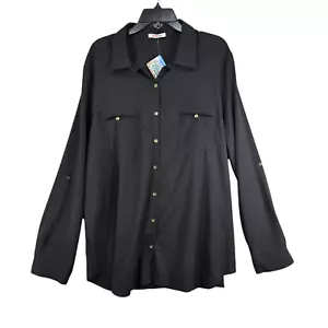 Reorder Womens Black Button Up Blouse Long Sleeve Collared Size 3X NWT - Picture 1 of 10