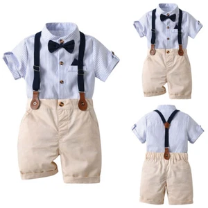Baby Boys Gentleman Suit Bow Tie Dress Shirt with Suspender Pants Wedding Outfit - Picture 1 of 11
