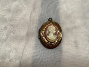 Vintage Kamee Bild Medaillon Frau rosa weiß Blumen Anhänger - Bild 1 von 7