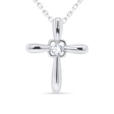 Colgante Cruz Solitaria Diamante Natural Certificado 0.04Ct Oro Blanco 10K Cadena 18" Foto 1 de 4