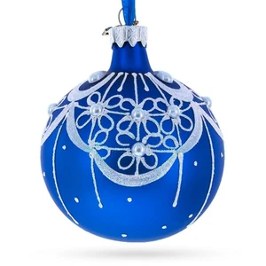 White Flowers Blossoming a Tranquil Azure Blue Glass Ball Ornament 3.25 Inches - Picture 1 of 4