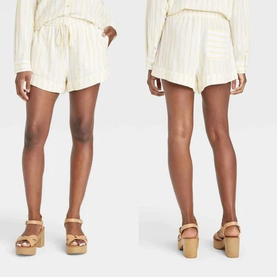 XL - Pantalones cortos de lino de tiro alto para mujer - Hilo universal - Rayas amarillas Foto 1 de 4