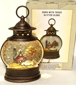 Cracker Barrel Fall Snow Globe Lantern Style Lighted & Swirling Red Barn Flag - Picture 1 of 9