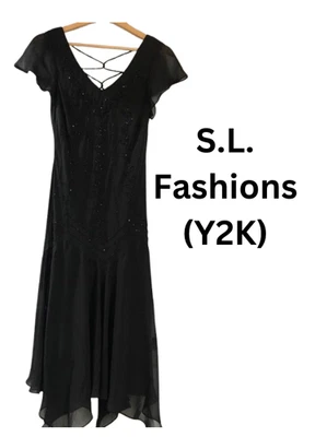 Vintage Y2K S.L. Vestido de noche Fashions negro con cuentas, talla 10 - Buen estado Foto 1 de 4