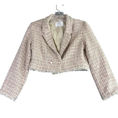 Zara Tweed укороченный Blazer куртка женщин Sz 13-14 кремовый розовый бахрома SparkleTrim - Изображение 1 из 4