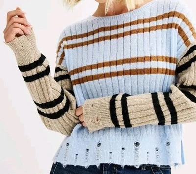 So Sweater Size XL Blue Striped Crop Open Stitch Hem - Image 1 of 4