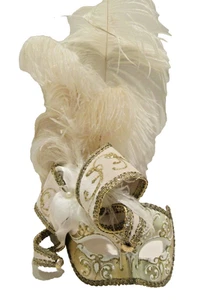 MAR 20 HANDMADE IN ITALY, PAPIER MACHE, WHITE OSTRICH FEATHERS/GOLD FACE. - Picture 1 of 3