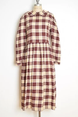 vintage 90s Laura Ashley dress wool plaid cream burgundy peter pan collar 14 L - Image 1 of 4