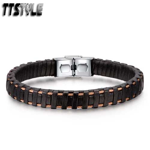 Pulsera de alambre de acero inoxidable oro rosa cuero negro estilo TT de 10 mm Foto 1 de 1